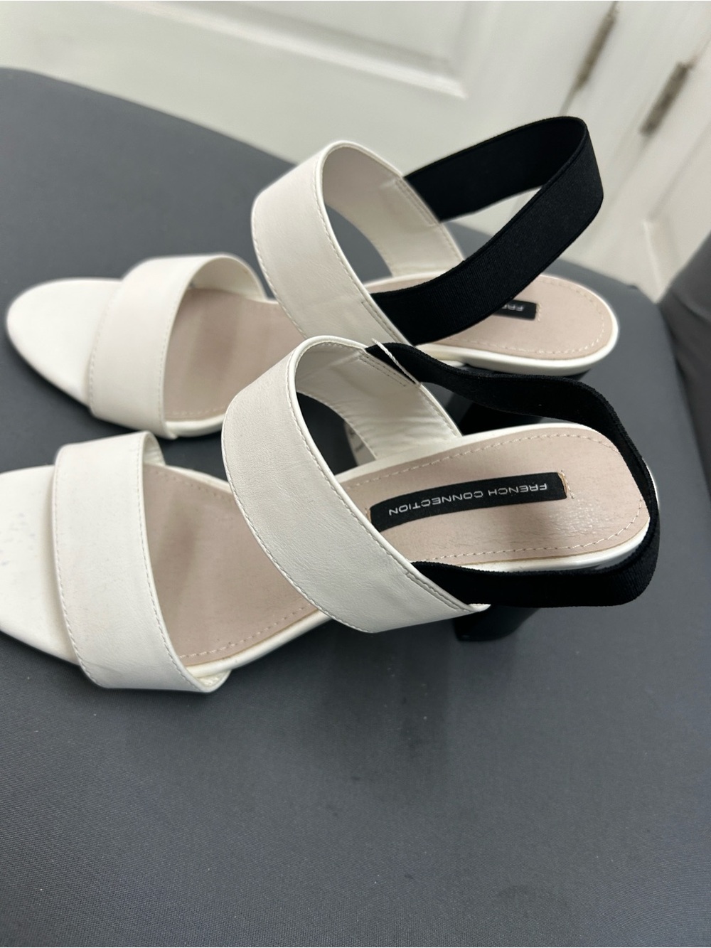 French Connection White and Black Leather Slingback Heels